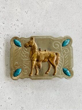 Vintage Nickel Silver Horse Faux Turquoise Belt Buckle Western Wear Cowboy
